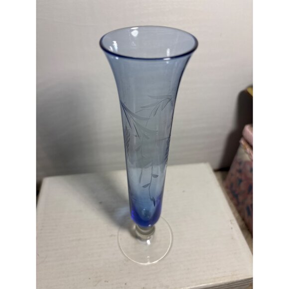 Blue Glass Vase Parma by AAI Etched Grapes Leaves Clear Pedestal Trumpet 8.25" - Picture 4 of 9